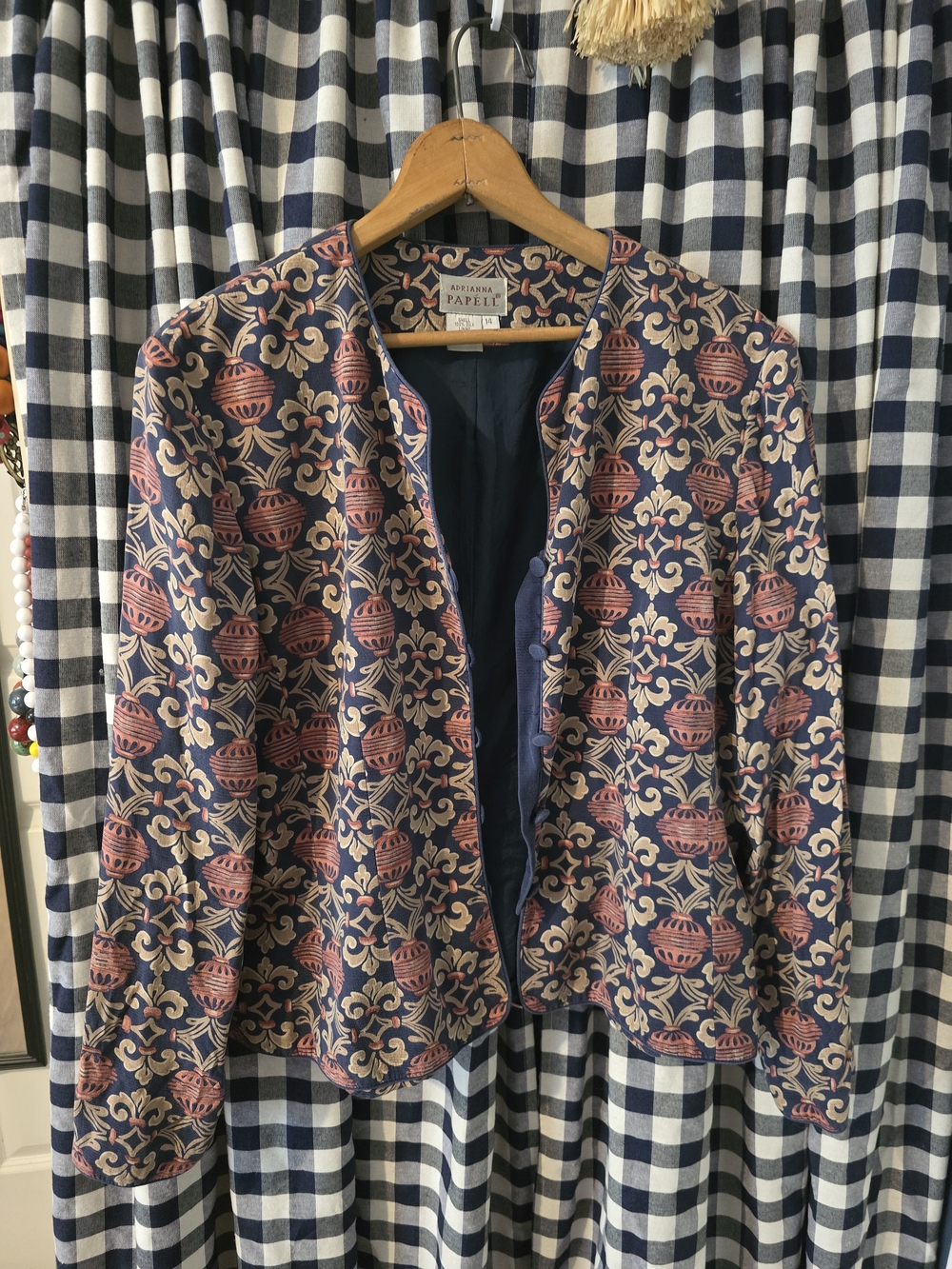 Adrianna Papell Navy Floral Jacquard Open-Front Jacket with Pink Accents